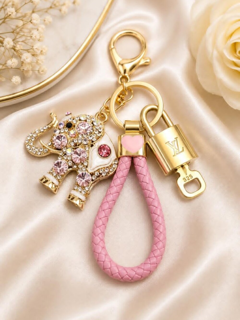 LV Authentic Gold Padlock 🔒 Key Set w/ Unbranded Elephant Keychain Charm